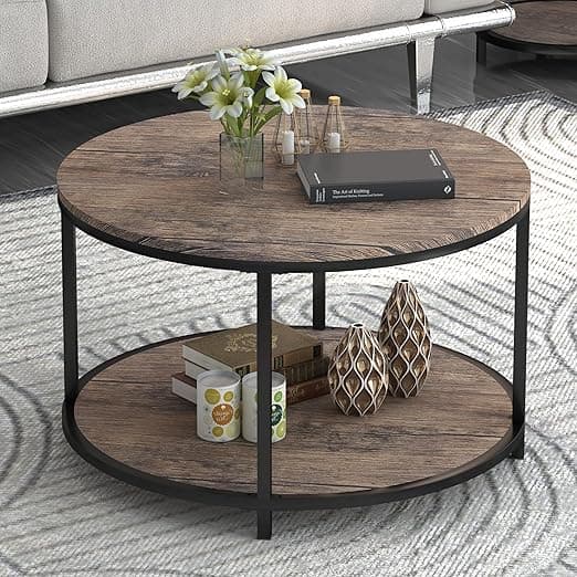 NSdirect Round Coffee Table, 25.6" Small Coffee Table for Living Room,2-Tier Rustic Wood Desktop with Storage Shelf Modern Design Home Furniture(Light Walnut)